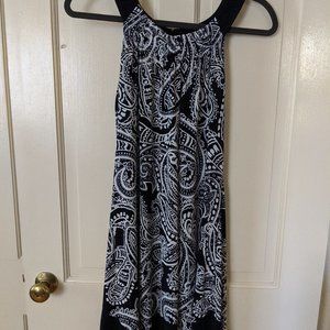 Navy and white A-line sundress with asymmetric hem